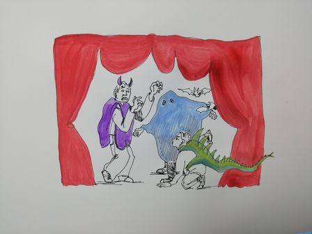 gemalte Ansicht einer Bühne mit bunten Monstern und rotem Vorhang