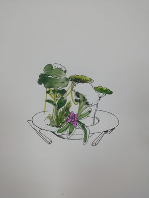 Illustration mit Teller, auf dem Bäume wachsen