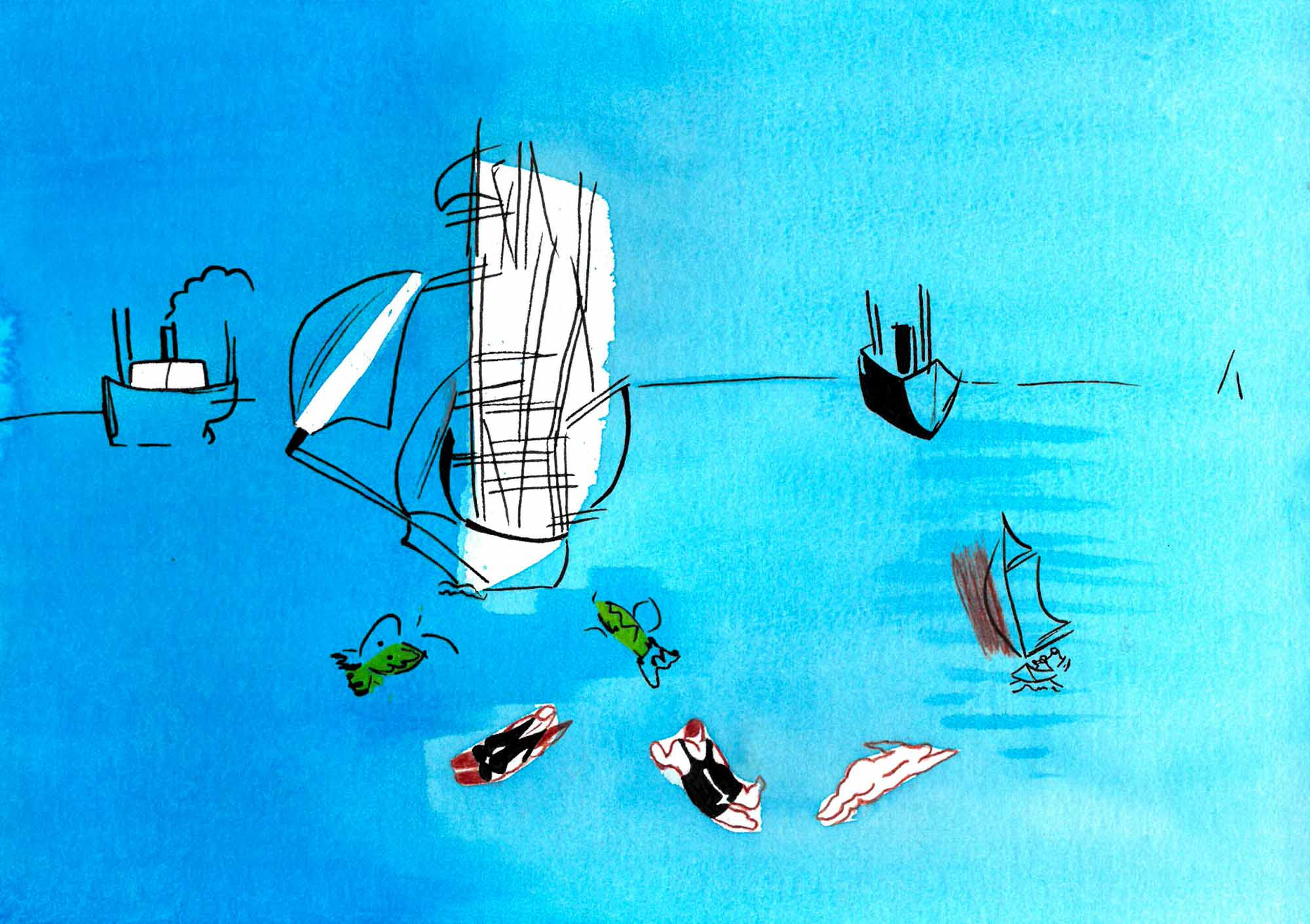 Illustration blau mit schwimmenden Schiffen und Figuren