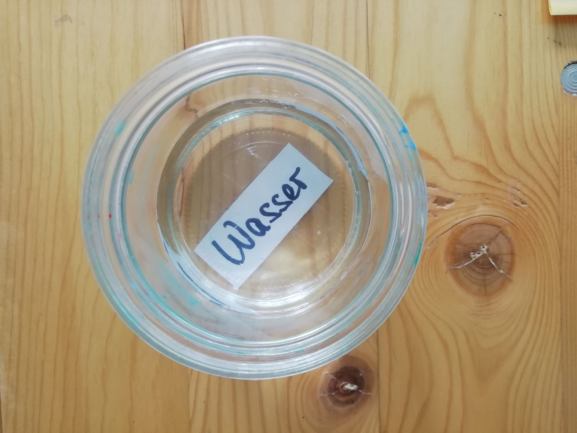 Blick von oben auf einen Zettel mit Aufschrift Wasser, der in einem halb vollen Wasserglas liegt