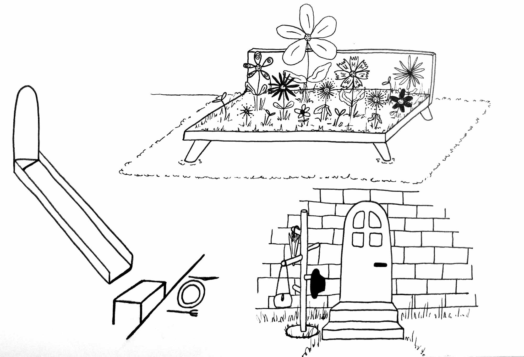 Illustration zum Thema: eine Rutsche, ein Bett mit Blumen, eine Tür