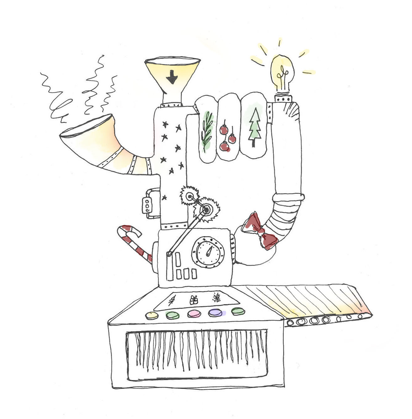 Zeichnung einer Fantasiemaschine mit Rohren, Zahnrädern, Hebeln, Knöpfen, Laufband, Glübirne und Anzeigen mit weihnachtlichen Motiven