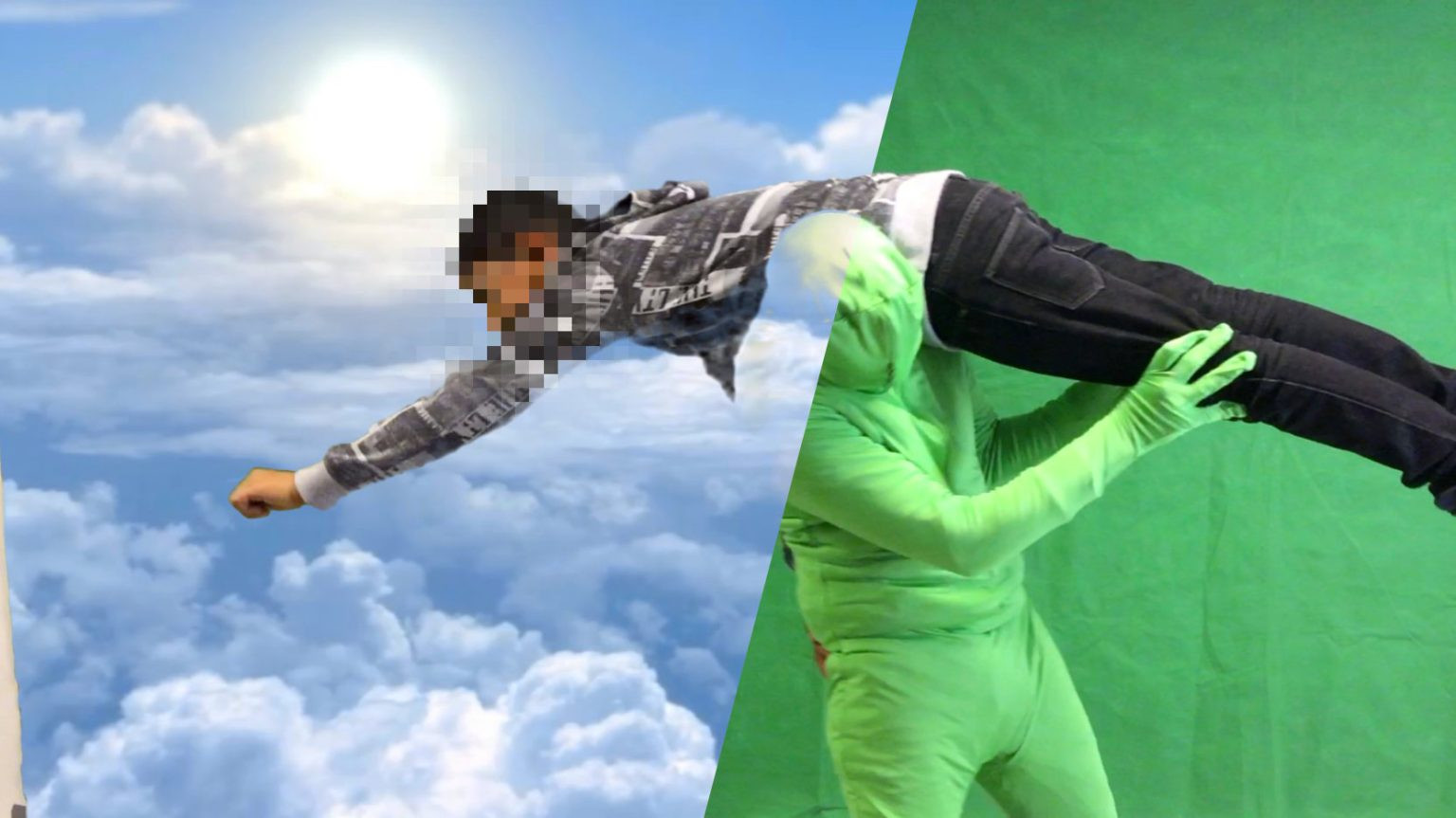 zweigeteiltes Bild: auf der rechten Seite Person in grünem Ganzkörperanzug vor grünem Hintergrund, die auf der linken Seite ein weiteres Kind hochhält, das vorgibt, zu fliegen, vor Wolken-Hintergrund
