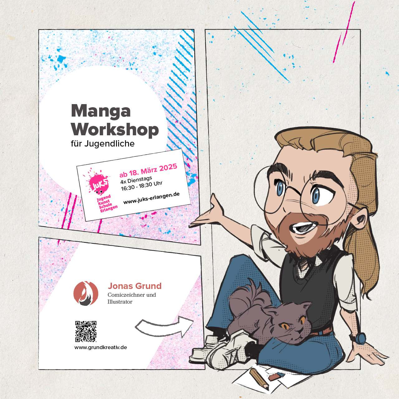 Der Dozent gezeichnet im Manga-Stil mit einer Katze auf dem Schoß.