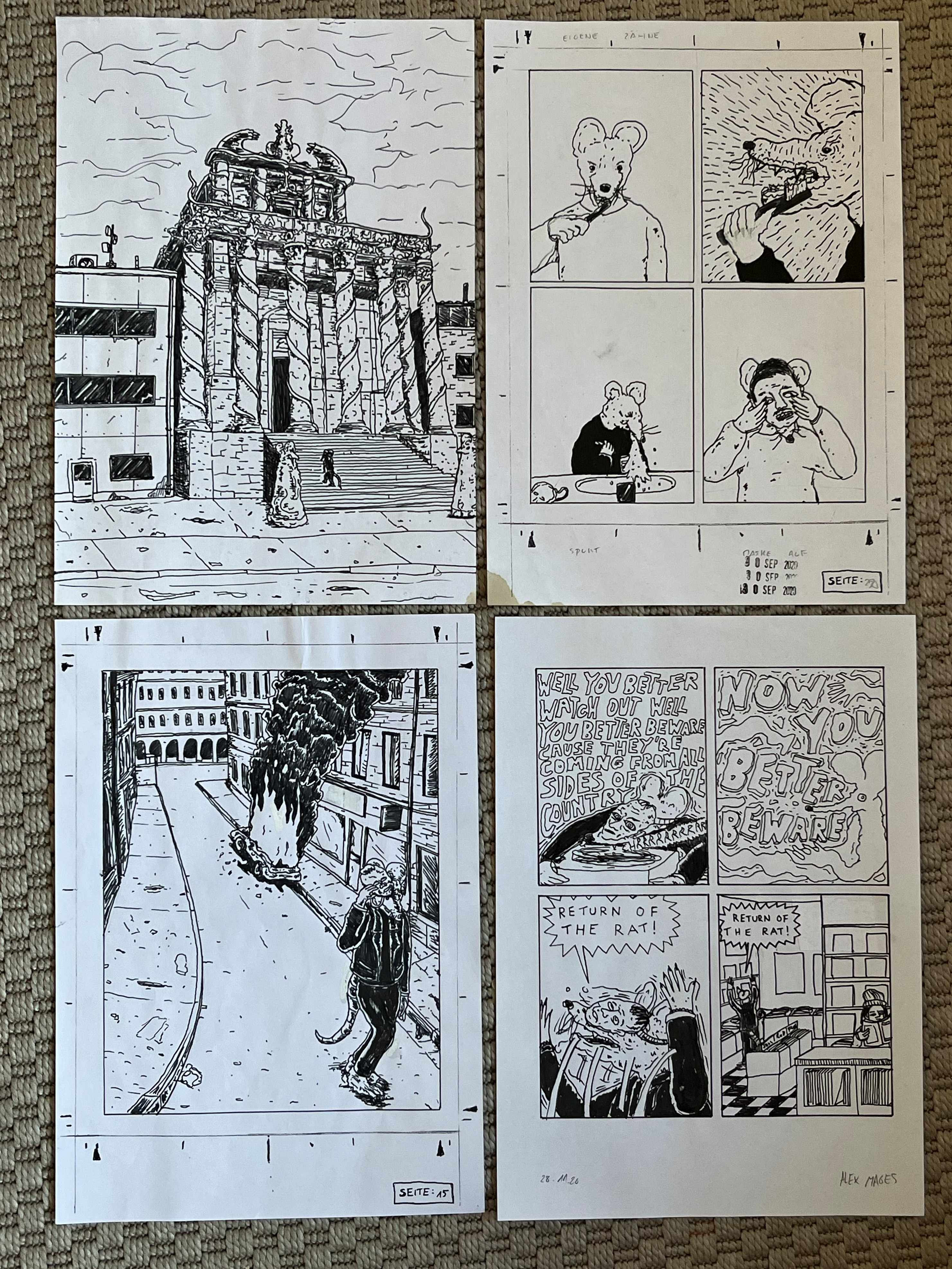 Vier weiße Blätter Papier, die den Auszug eines Comics darstellen. Auf dem ersten ein monumentales Gebäude. Auf dem zweiten vier Panels, eine Ratte putzt sich die Zähne, übergibt sich, setzt sich eine Menschenmaske auf. Auf dem dritten eine Ratte, die durch eine Straße geht. Dahinter ein brennendes Auto. Das letzte Blatt zeigt vier panels, die Ratte mit Menschenmaske Text: Well you better watch out well you better beware cause they're coming drom all sides of the country NOW YOU BETTER BEWARE return of the rat! Ratte in einem Comicladen.