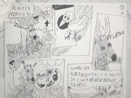 Ausschnitt von einem gezeichneten Comic mit Wolf und Vogel