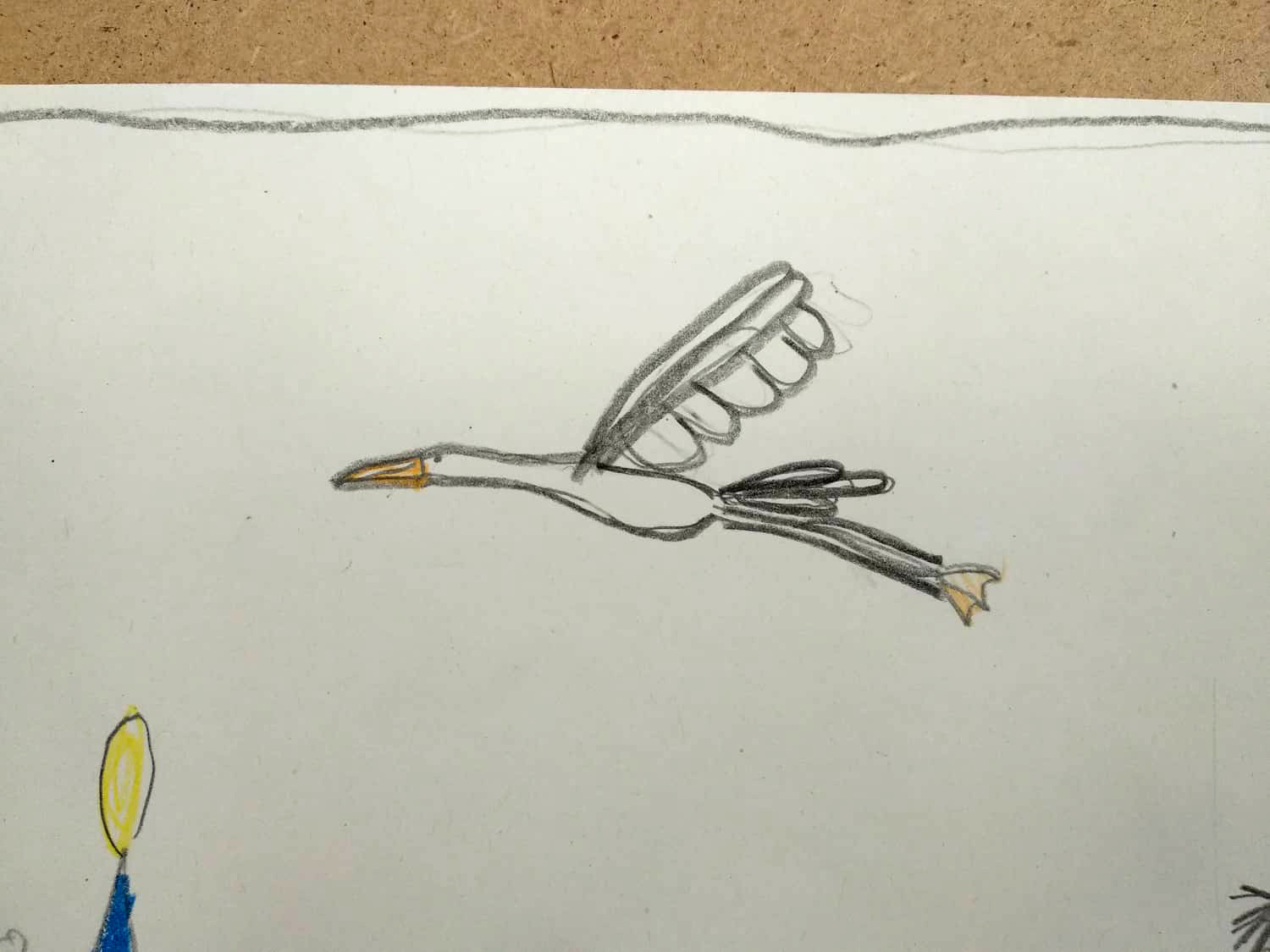 Zeichnung von einem fliegenden Kranich